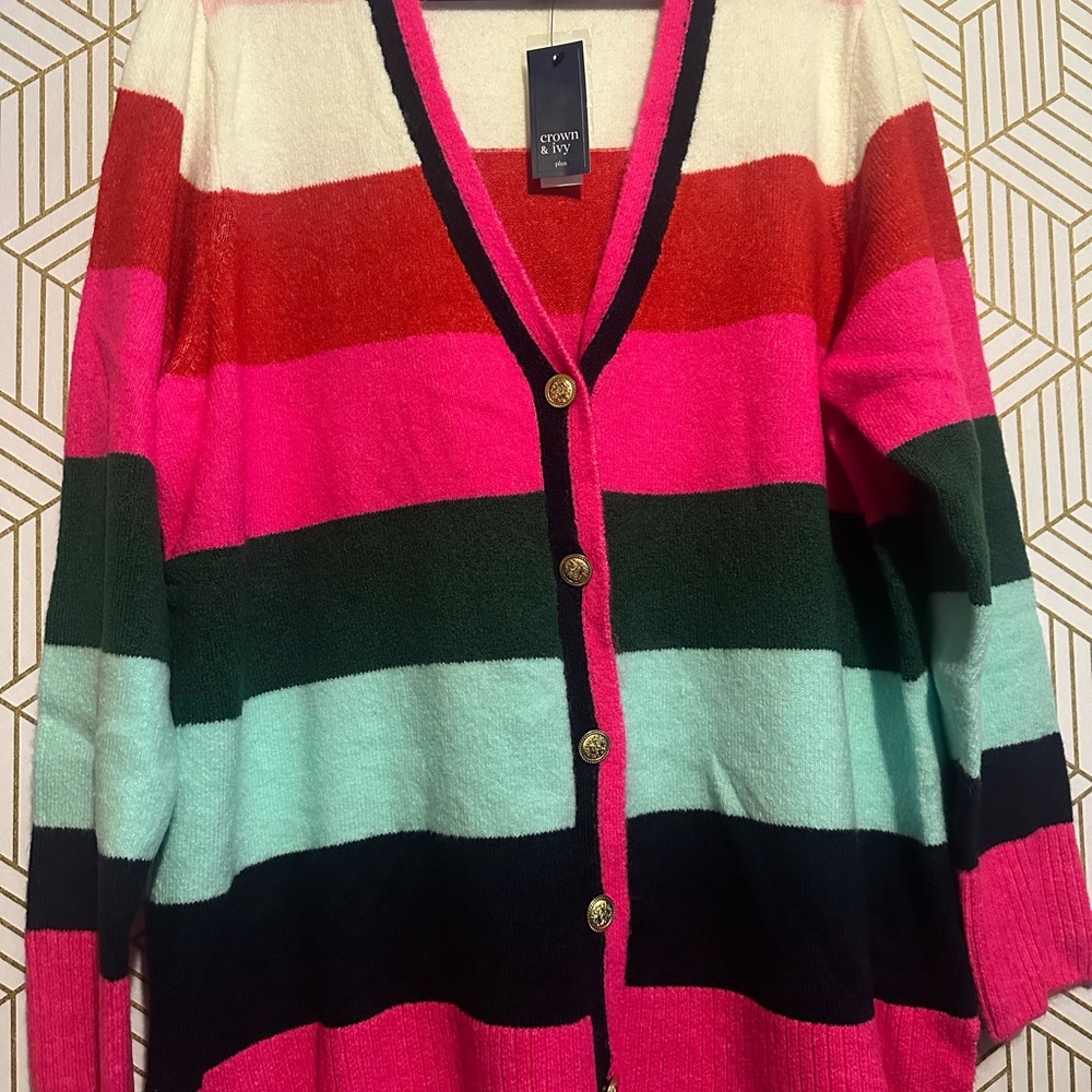 Crown & Ivy Striped Button-Up Cardigan Sweater Size 2X NWT